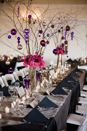 creative pink purple holiday winter centerpiece with christmas ornaments