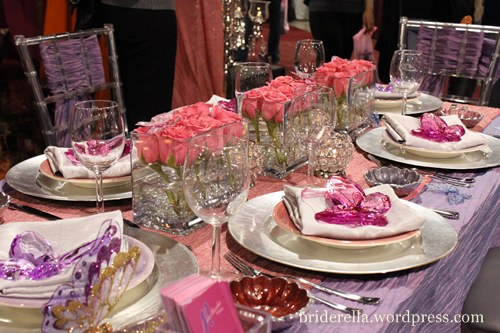 pink and lilac wedding Pink and lilac table setting from Nisha Chandra 