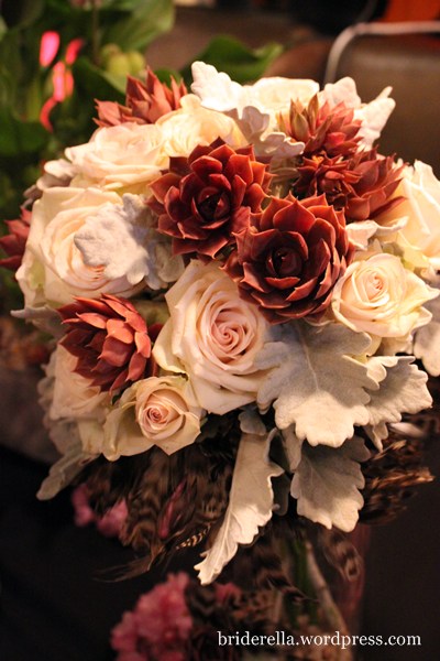 A beautiful and unusual pink and brown wedding bouquet from Poppies